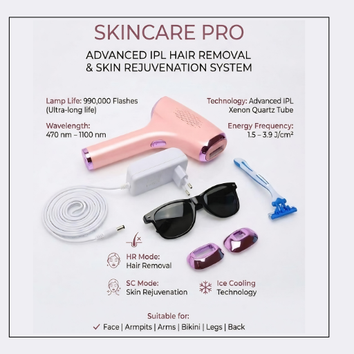 SKINCARE PRO advanced IPL hair removal and skin rejuvenation system with pink device, sunglasses, and accessories on a white background.