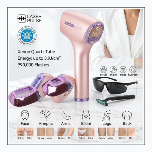 Laser pulse hair removal device with attachments and energy specifications on a white background