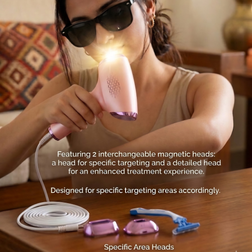 Person using a handheld device with interchangeable magnetic heads on a wooden surface.