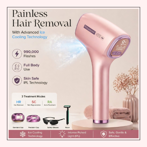 Pink hair removal device with features listed on a beige background