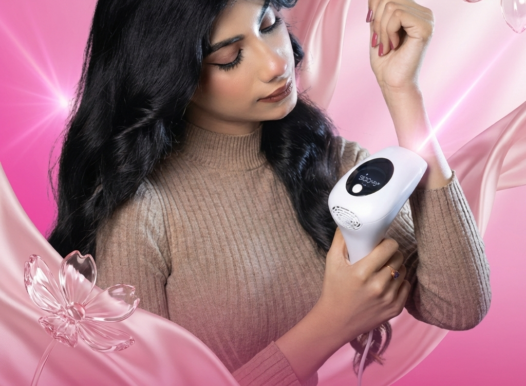 Woman using an IPL laser hair removal device at home in Pakistan
