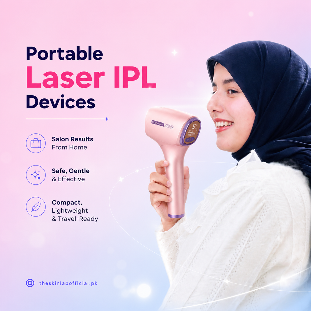 A woman in a navy blue hijab holds a compact pink portable laser IPL device against a soft pink background with promotional text highlighting salon results, safety, and portability.
