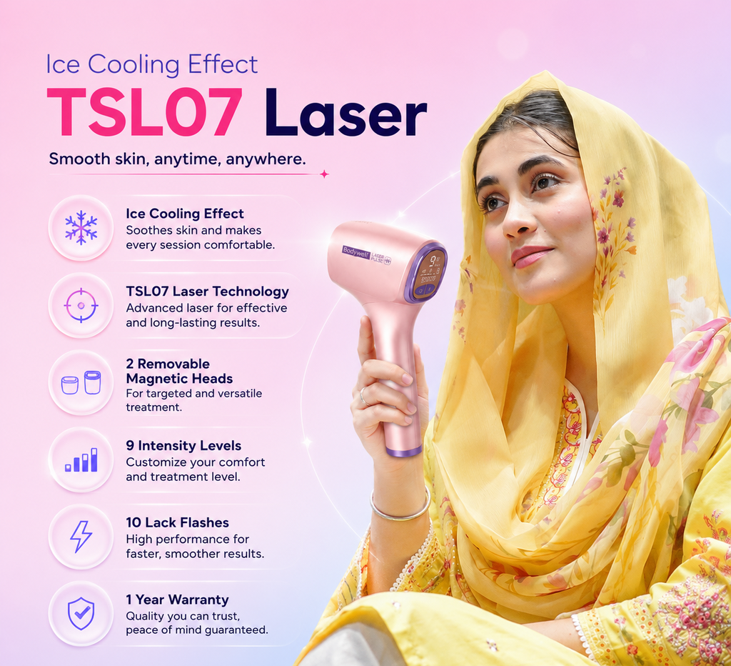 A promotional graphic for a TSL07 Laser ice cooling device. On the right, a woman in a yellow traditional outfit holds the handheld pink and purple device.
