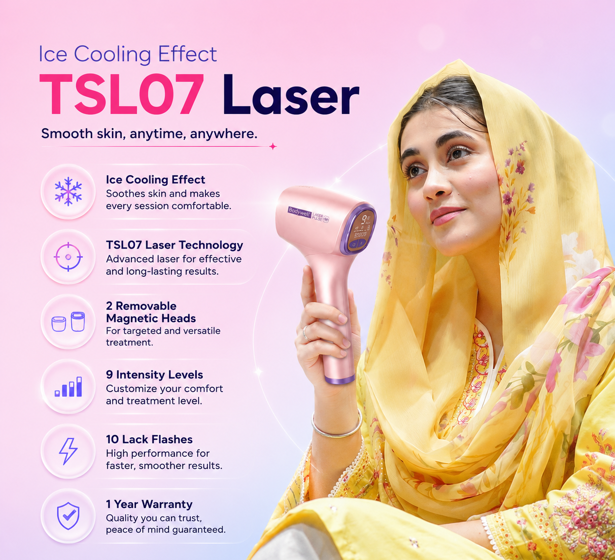 A promotional graphic for a TSL07 Laser ice cooling device. On the right, a woman in a yellow traditional outfit holds the handheld pink and purple device.