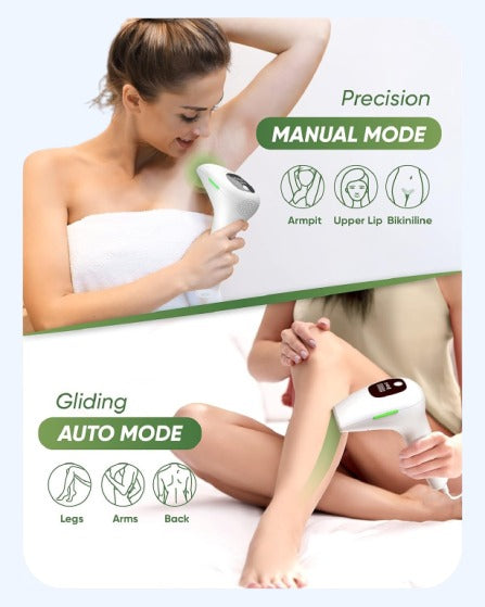 Woman using a hair removal device with text on modes and areas.